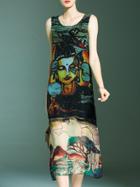 Romwe Multicolor Crew Neck Print Shift Split Dress