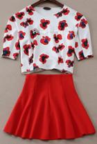 Romwe Short Sleeve Flower Print Top With Skirt