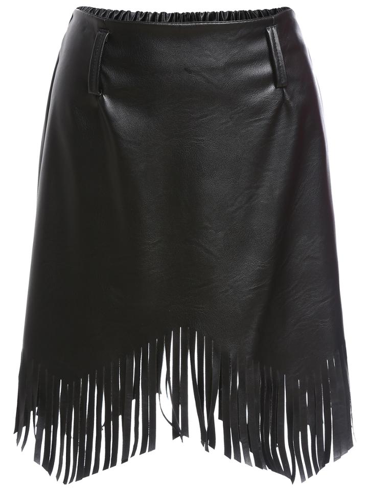 Romwe Black Pu Leather Fringe Skirt
