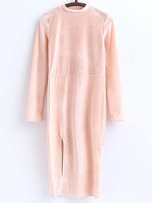 Romwe Pink Mock Neck Slit Velvet Dress