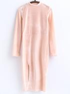 Romwe Pink Mock Neck Slit Velvet Dress