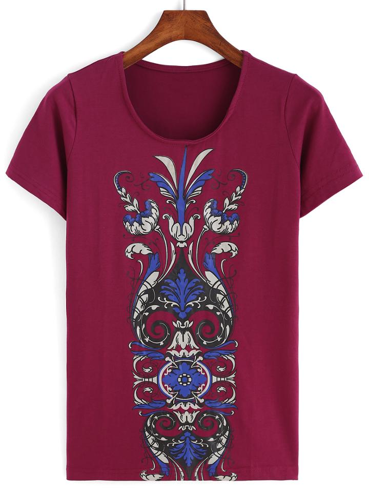 Romwe Abstract Print Purple T-shirt