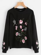 Romwe Drop Shoulder Flower Blossom Embroidered Pullover