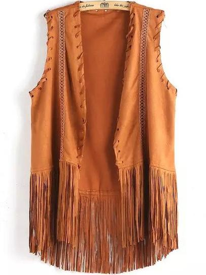 Romwe Lace Embroidered Tassel Khaki Vest