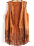 Romwe Lace Embroidered Tassel Khaki Vest
