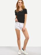 Romwe Lattice Neck T-shirt - Black