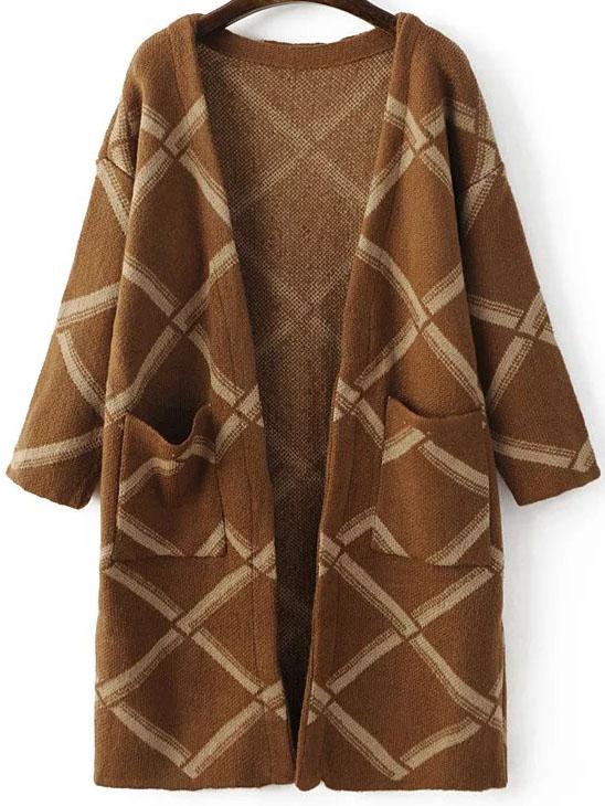Romwe Brown Diamond Pattern Long Cardigan With Pockets