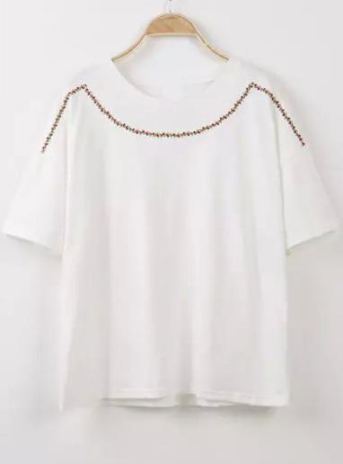 Romwe Round Neck Embroidered Loose White T-shirt