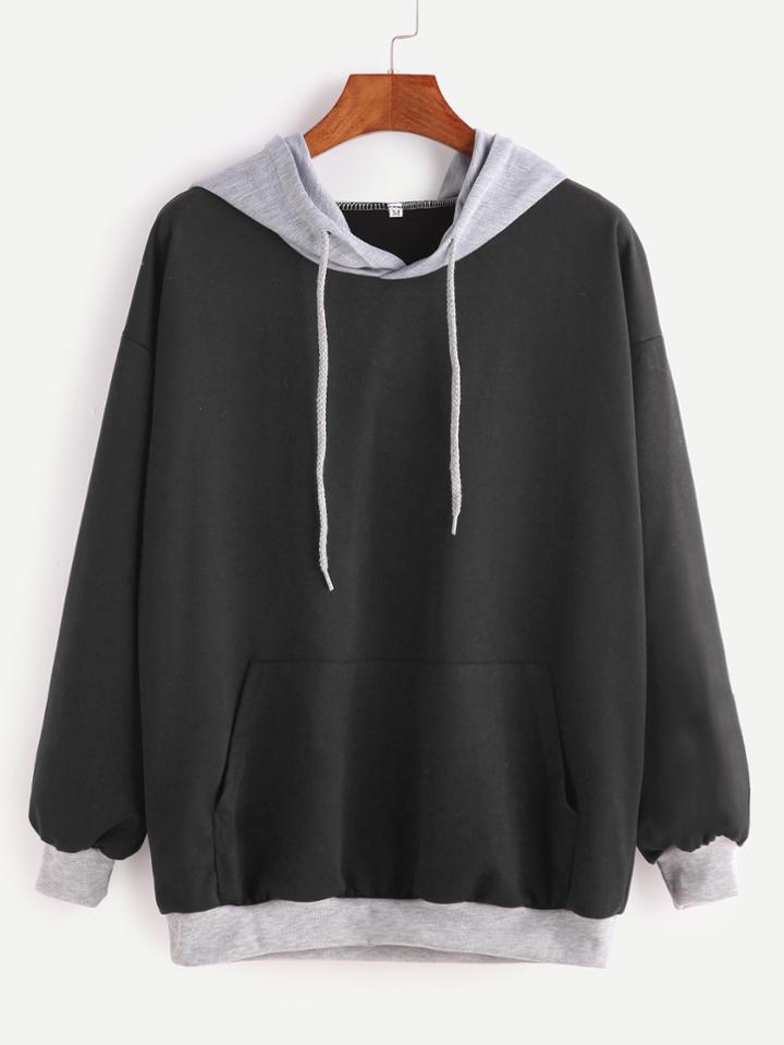 Romwe Black Contrast Drop Shoulder Drawstring Hooded Pocket Sweatshirt