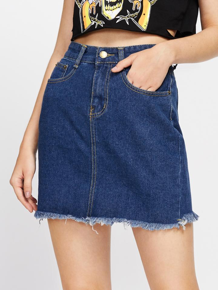 Romwe Fray Hem Denim Skirt