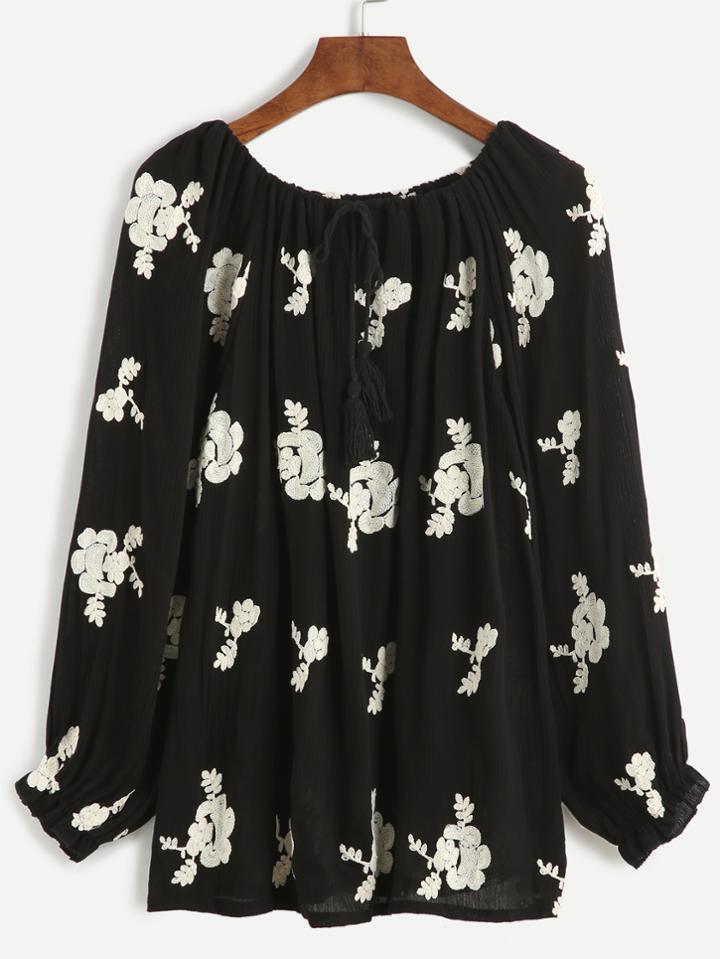 Romwe Black Tie Neck Flower Embroidered Fringe Blouse