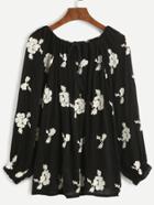 Romwe Black Tie Neck Flower Embroidered Fringe Blouse