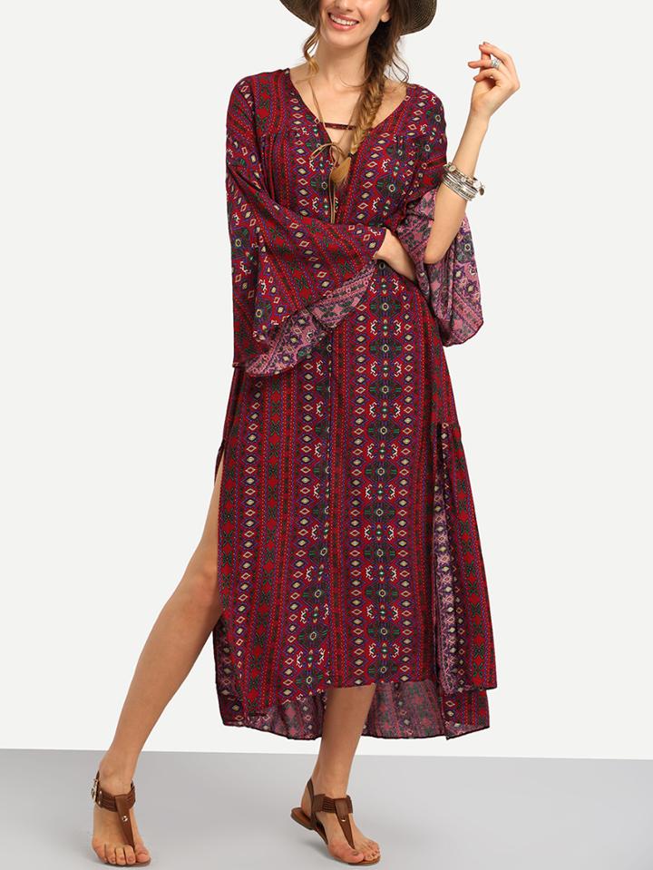 Romwe Tribal Print Slit Long Dress