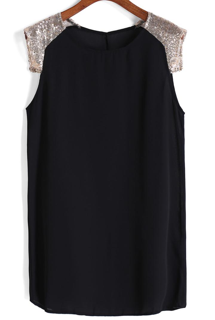 Romwe With Sequined Shift Chiffon Black Dress