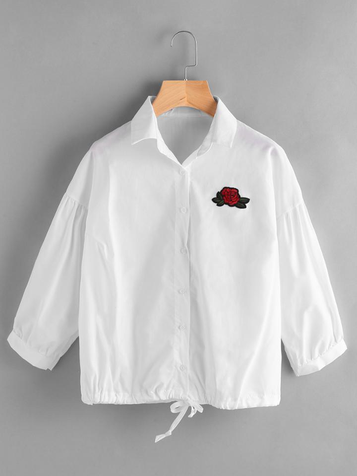 Romwe Rose Embroidered Patch Drawstring Hem Blouse