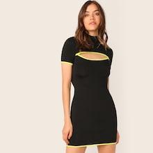Romwe Neon Binding Mock Neck Cutout Front Bodycon Dress