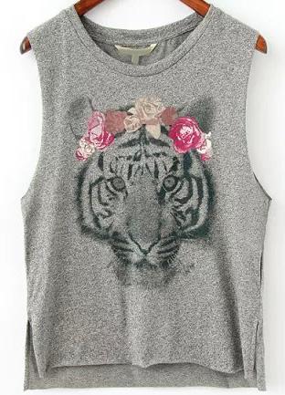 Romwe Grey Dip Hem Tiger Print Split Tank Top