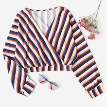 Romwe Striped V-neck Crop Blouse