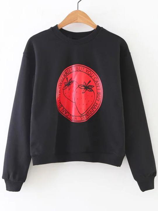 Romwe Black Strawberry Print Casual Sweatshirt