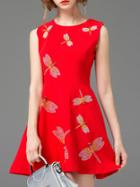 Romwe Red Sleeveless Dragonfly Embroidered A-line Dress