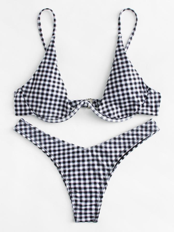 Romwe Gingham High Leg Bikini Set
