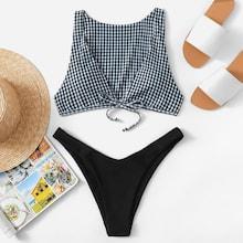 Romwe Random Gingham Bow Tie Bikini Set