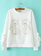 Romwe White Flower Embroidery Crew Neck Sweatshirt