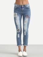 Romwe Blue Distressed Embroidered Patch Jeans