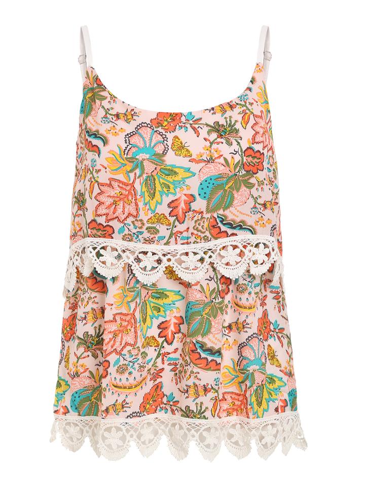 Romwe Crochet Trimmed Layered Flower Print Cami Top