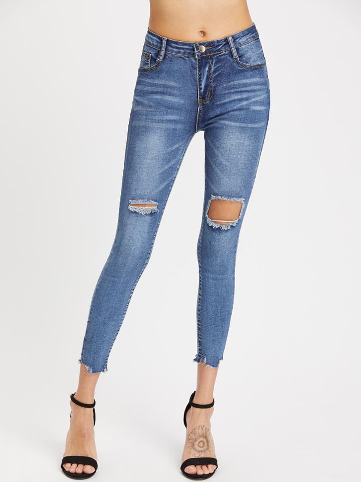 Romwe Destroyed Raw Cut Skinny Ankle Jeans