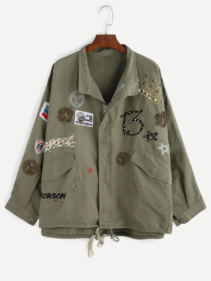 Romwe Army Green Rivet Patches Drawstring Outerwear
