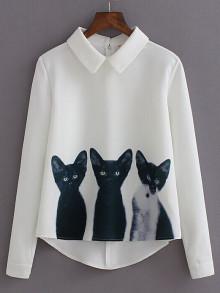 Romwe Cats Print Zipper Back Blouse