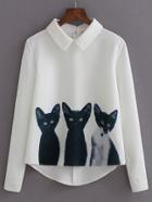Romwe Cats Print Zipper Back Blouse