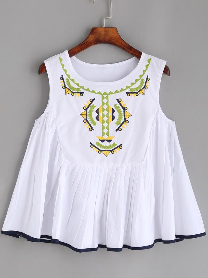 Romwe White Sleeveless Embroidered Ruffle Tank Top