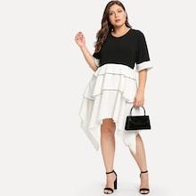 Romwe Plus Contrast Binding Ruffle Hem Asymmetrical Dress