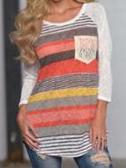 Romwe Multicolor Round Neck Striped Pocket Sweater