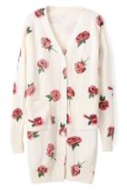 Romwe Cream Rose Knitted Pocketed Cardigan