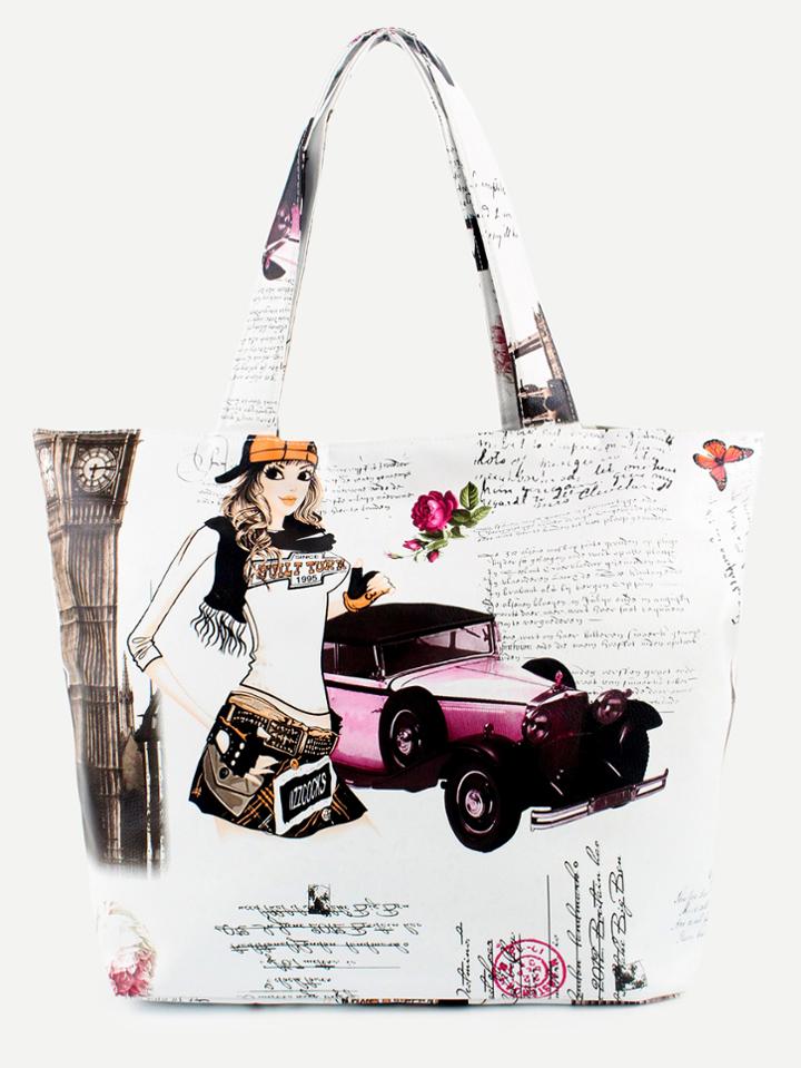 Romwe White Antique Car Print Tote Bag