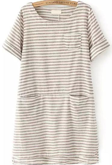 Romwe With Pocket Striped High Low Coffee Dress