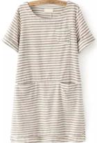 Romwe With Pocket Striped High Low Coffee Dress