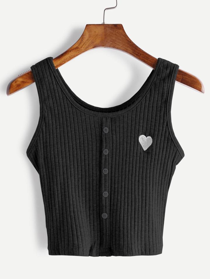 Romwe Black Button Front Heart Embroidered Tank Top