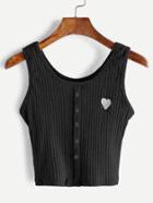 Romwe Black Button Front Heart Embroidered Tank Top