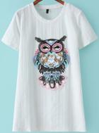 Romwe With Sequined Owl Pattern Embroidered White T-shirt