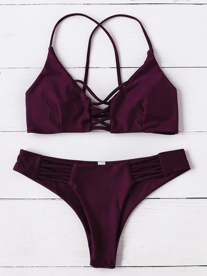 Romwe Burgundy Criss Cross Design Bikini Set
