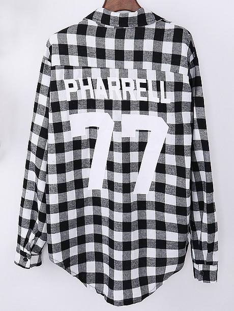 Romwe Lapel Plaid Letter Print Blouse