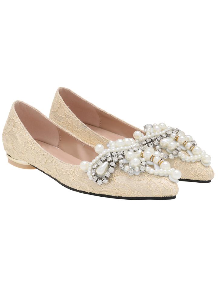 Romwe Beige Pointy Bead Lace Flats
