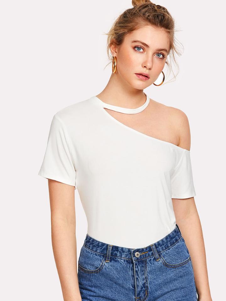 Romwe Cut Out Choker One Shoulder Tee