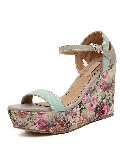 Romwe Blue Florals Slingbacks Wedges Sandals