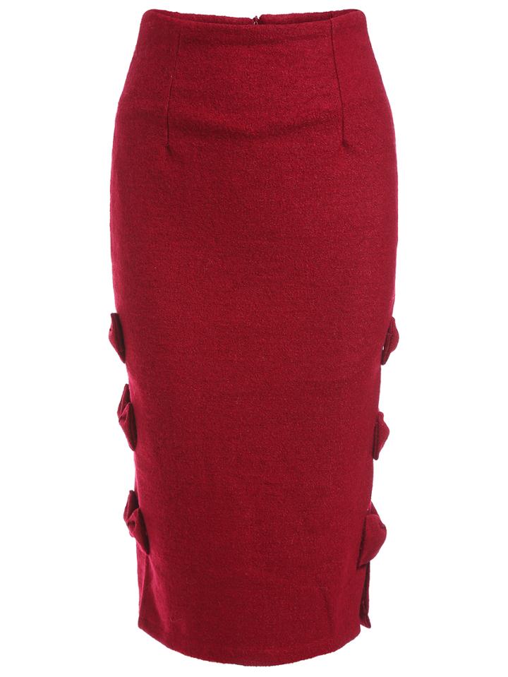Romwe Burgundy Bow Side Pencil Skirt