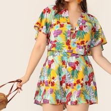 Romwe Plus Tropical Print Tie Back Top & Shorts Set